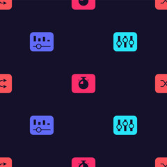 Set Sound mixer controller, Music equalizer, Stopwatch and Arrow shuffle on seamless pattern. Vector