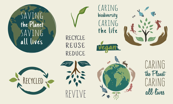 Sustainability illustration and symbols. Recycling, biodiversity and vegan icons. Lettering with motivational slogans against climate change. Drawings of the planet Earth and hands holding the nature.