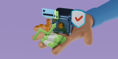 Safe box with coins and stacks of dollar cash font view . 3d illustration.Business concept saving money, making bargains.