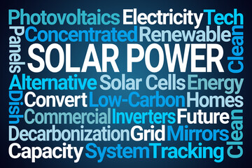 Solar Power Word Cloud on Blue Background
