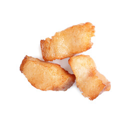 Tasty fried cracklings on white background, top view. Cooked pork lard