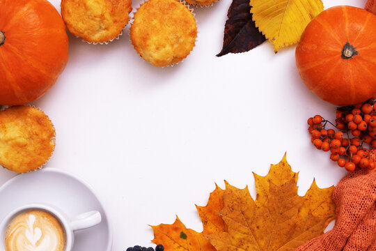 Cozy Autumn Flat Lay With Coffee, Pumkin, Sweater And Copy Space