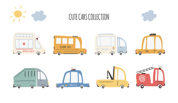 Cute cars collection. Cartoon funny transport. Vector cartoon illustrations in simple childish hand-drawn Scandinavian style for children. Fire, ambulance, police, bus, etc.