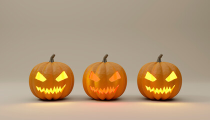 Halloween Pumpkins in a row isolated on white background. 3D Rendering illustration