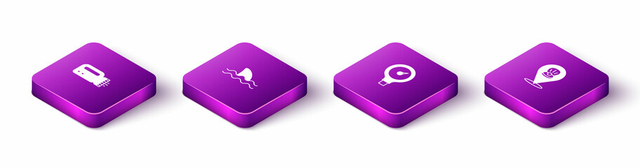 Set Isometric Flashlight for diver, Shark, Gauge scale and Scallop sea shell icon. Vector