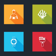 Set Wetsuit for scuba diving, Coral, Diving watch and Action extreme camera icon. Vector