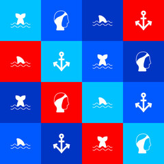 Set Whale tail, Diving hood, Shark and Anchor icon. Vector