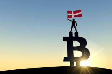 Person waving a denmark flag standing on top of a bitcoin cryptocurrency symbol. 3D Rendering