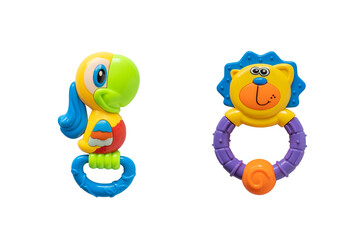 Animal plastic rattle toys isolated on white.