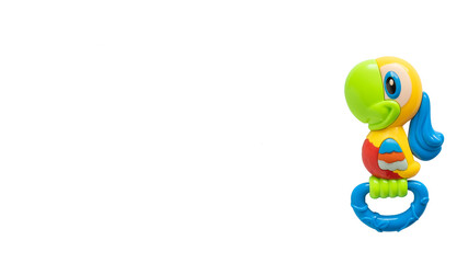 Animal rattle toy isolated on white. Text space