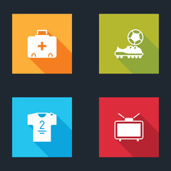 Set First aid kit, Football shoes, jersey and t-shirt and match on TV icon. Vector