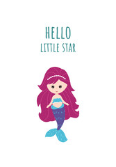 Poster, greeting card with cute little mermaid. Vector, cartoon style.