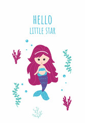 Obraz na płótnie Canvas Poster, greeting card with cute little mermaid. Vector, cartoon style.