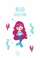 Poster, greeting card with cute little mermaid. Vector, cartoon style.