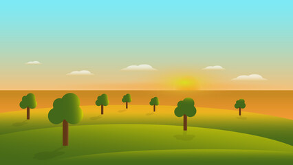 landscape cartoon scene with sunset and trees on green hills and white cloud in summer blue sky background.