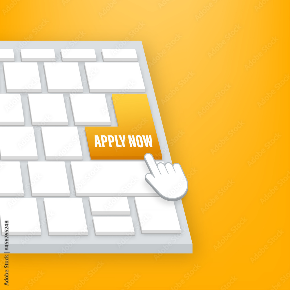 Poster apply now button on keaboard. web banner. arrow, cursor icon. arrow vector icon. hand click. vector 