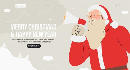 Santa Claus speaking in loud speaker or megaphone wishing happy winter holidays and greeting with Merry Christmas and New year. Santa character banner, advertisment, website or social media greeting.