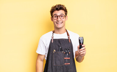 looking happy and pleasantly surprised, excited with a fascinated and shocked expression. barber...