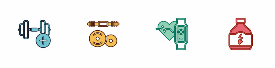 Set Dumbbell, Barbell, Smart watch with heart and Sports nutrition icon. Vector
