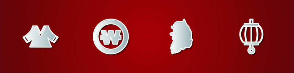 Set Kimono, South Korean won coin, map and lantern icon. Vector