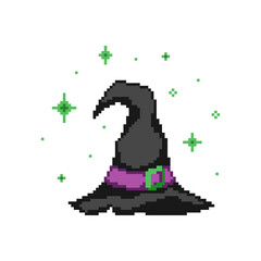 Pixel art green warlock Hat on a white background. Retro pixel warlock or black mage hat illustration in 8 bit style. Halloween decoration sprite. 90s style pixel isolated black witch hat with stars.