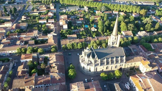 Picturesque summer view from drone of French township of Mirepoix with Cathedral of Saint Maurice, Ariege department