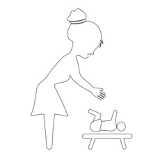 Mom is changing diapers at the diaper table outlined vector stock illustration