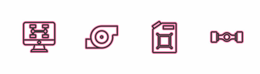 Set line Diagnostics condition of car, Canister for gasoline, Automotive turbocharger and Chassis icon. Vector