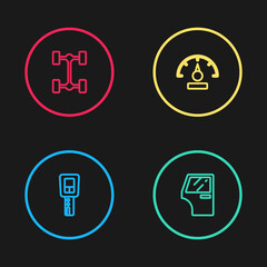Set line Car key with remote, door, Speedometer and Chassis car icon. Vector