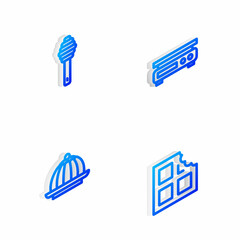 Set Isometric line Electronic scales, Honey dipper stick, Pudding custard and Chocolate bar icon. Vector