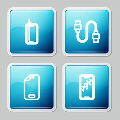 Set line Glass screen protector, USB cable cord, and Mobile with broken icon. Vector