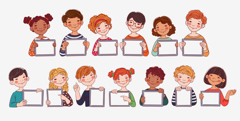 Happy boys and girls showing blank digital tablet screen. Cute kids using tablets. Back to school vector concept
