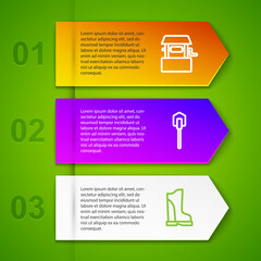 Set line Well, Shovel and Waterproof rubber boot. Business infographic template. Vector