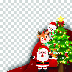 Christmas layer postcard of Santa Claus and friends with Christmas tree on transparent background