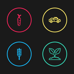 Set line Wheat, Plant, Pickup truck and Carrot icon. Vector
