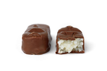 Chocolate bar with coconut filling isolated on white background.