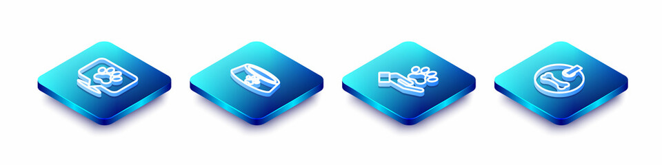 Set Isometric line Location veterinary hospital, Pet food bowl, Hands with animals footprint and Dog collar icon. Vector