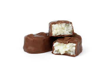Chocolate bar with coconut filling isolated on white background.