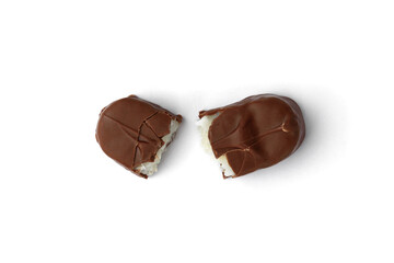 Chocolate bar with coconut filling isolated on white background.