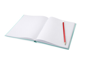 Open notebook with blank sheets and pencil isolated on white