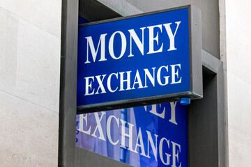 Sign above the entrance to a currency exchange shop