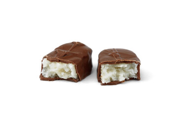 Chocolate bar with coconut filling isolated on white background.
