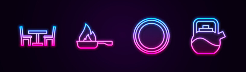 Set line Wooden table with chair, Frying pan, Plate and Kettle handle. Glowing neon icon. Vector