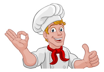 Chef Cook Baker Man Cartoon Peeking Over Sign