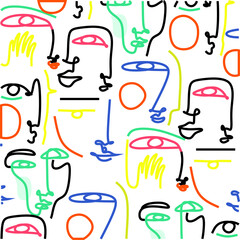 Modern one line face seamless pattern with abstract background. For fabric, cards, print. Bright, rich colors. Women's faces.
