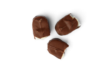 Chocolate bar with coconut filling isolated on white background.