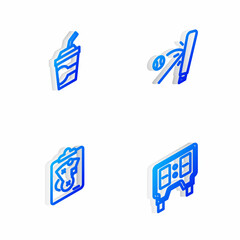 Set Isometric line Baseball bat with ball, Paper glass water, Planning strategy and mechanical scoreboard icon. Vector