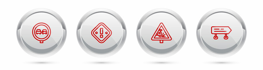 Set line No overtaking road traffic, Exclamation mark triangle, Warning sign and Road. Silver circle button. Vector