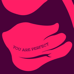 vector trendy illustration on the theme of body positive. the belly of a sitting girl does not look perfect with fat folds. the text 