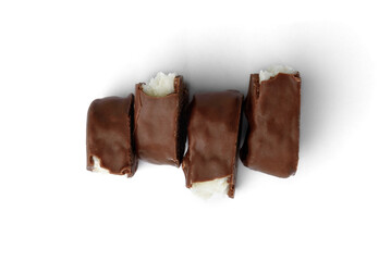 Chocolate bar with coconut filling isolated on white background.